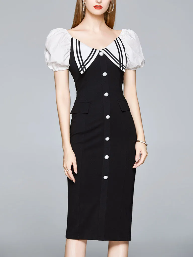 Black Puff Sleeve Buttons Pencil Dress