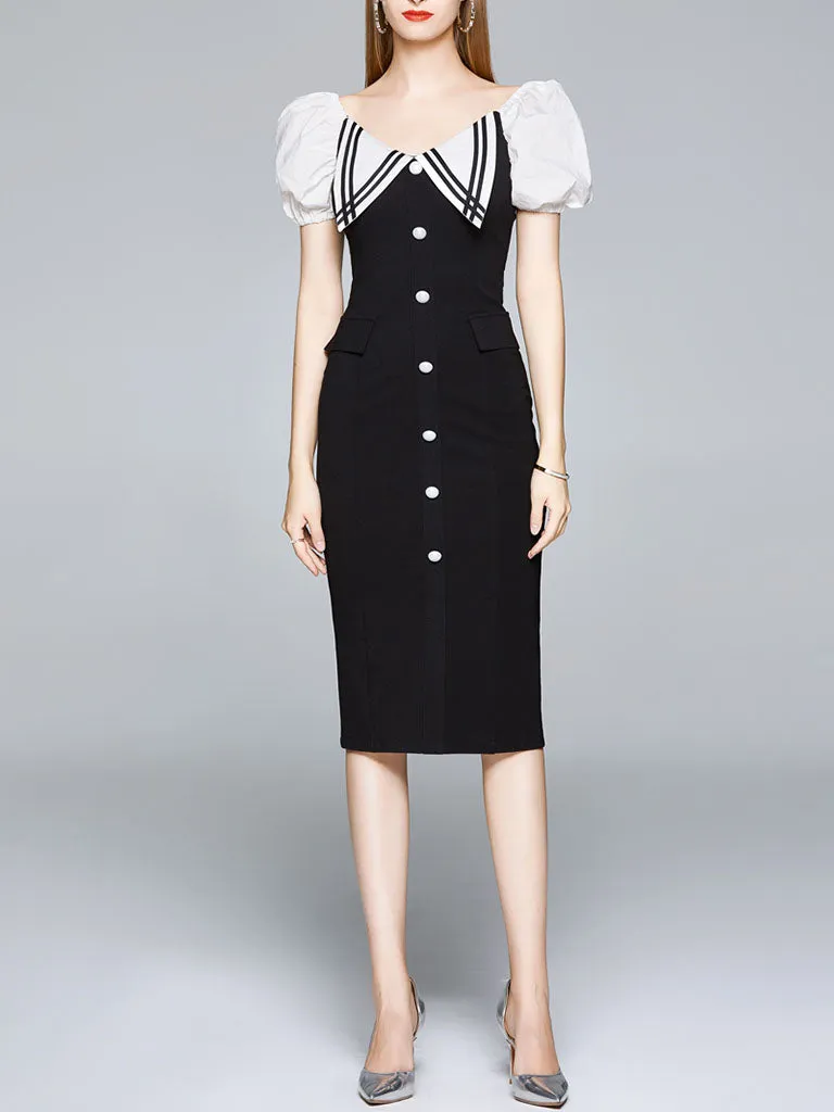 Black Puff Sleeve Buttons Pencil Dress