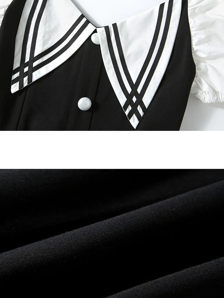 Black Puff Sleeve Buttons Pencil Dress