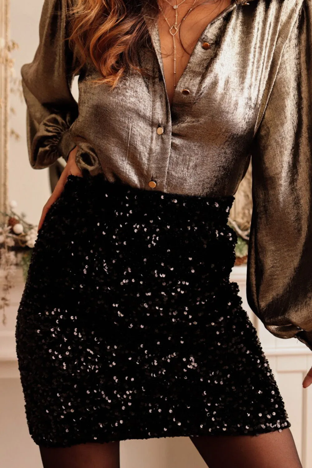 Black Sequin Bodycon Mini Skirt