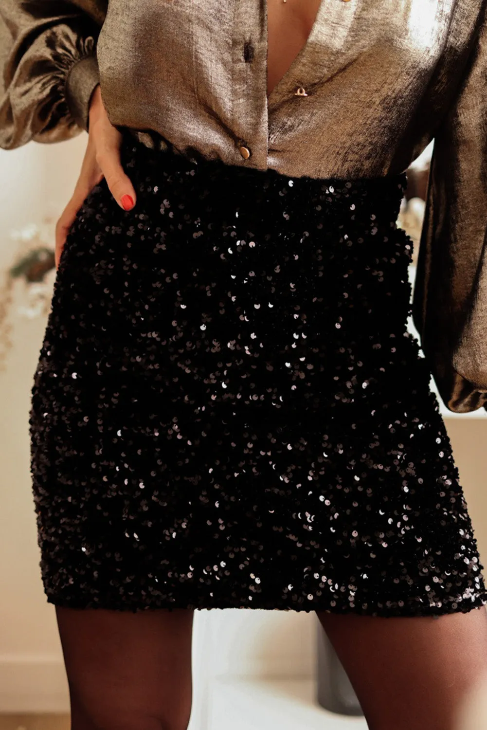 Black Sequin Bodycon Mini Skirt