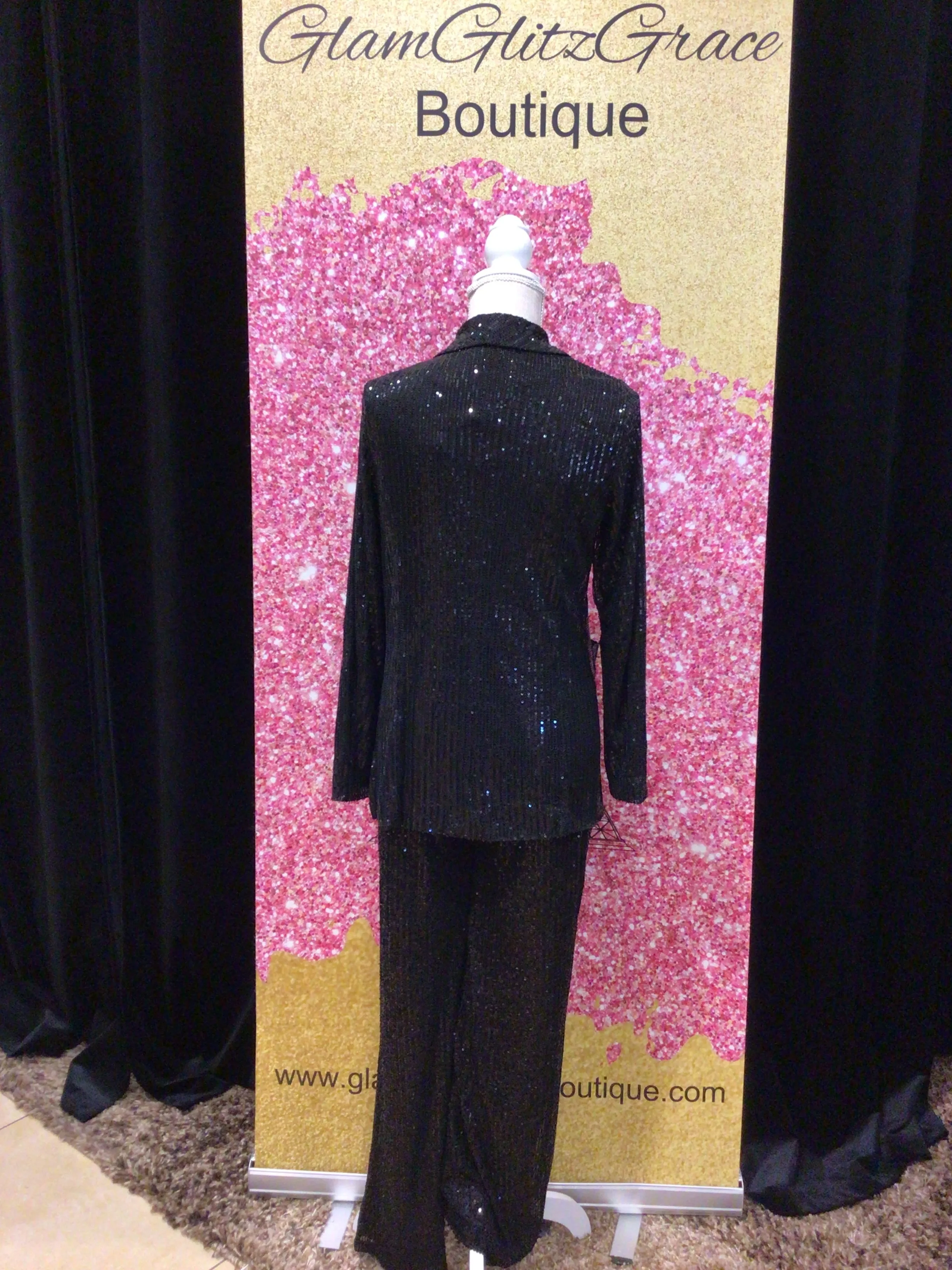 Black Sequin Flare Legged Lined Pants