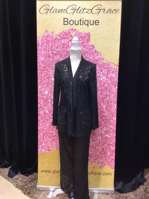 Black Sequin Flare Legged Lined Pants