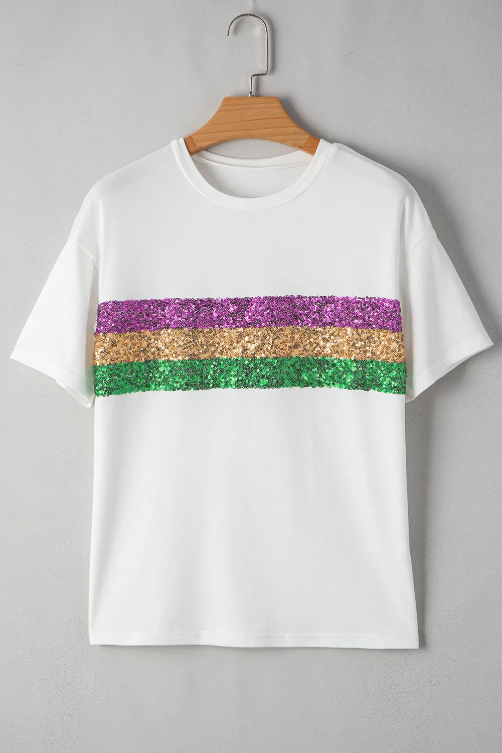 Black Sequin Stripes Patchwork Mardi Gras Crew Neck T Shirt