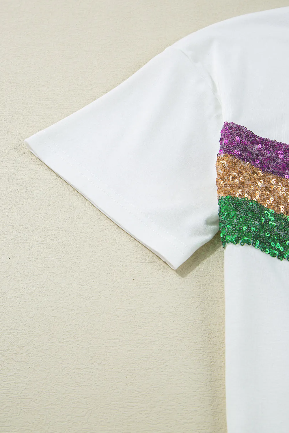 Black Sequin Stripes Patchwork Mardi Gras Crew Neck T Shirt