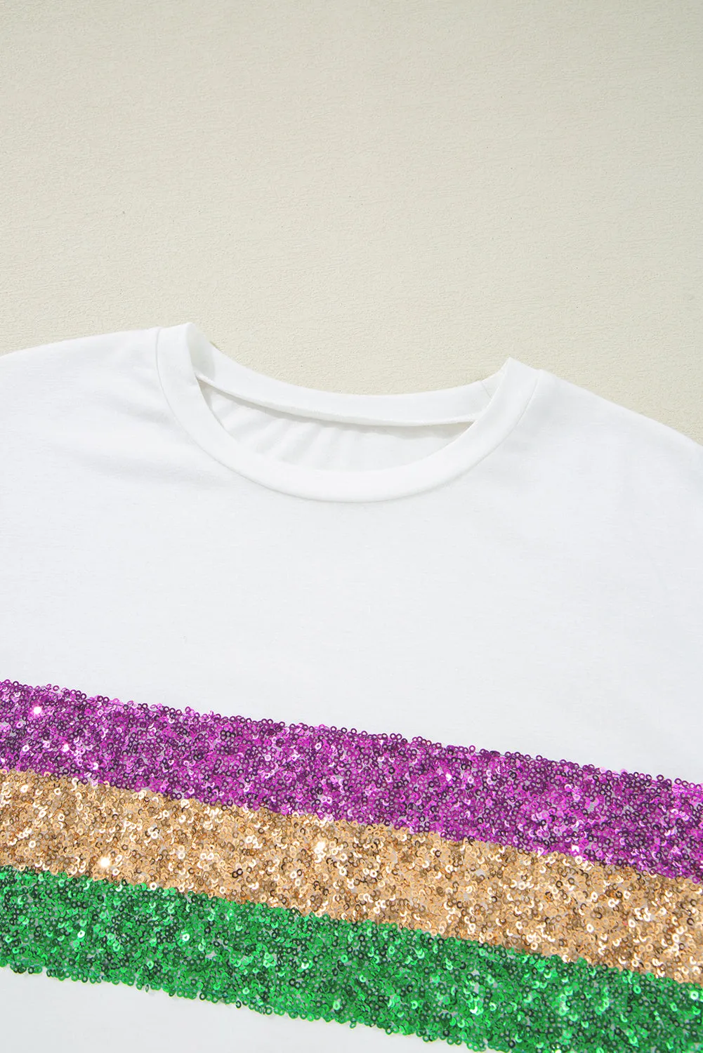 Black Sequin Stripes Patchwork Mardi Gras Crew Neck T Shirt