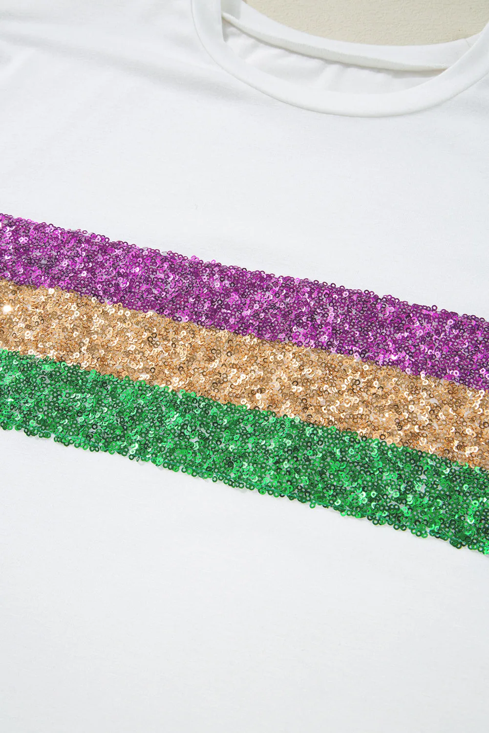 Black Sequin Stripes Patchwork Mardi Gras Crew Neck T Shirt
