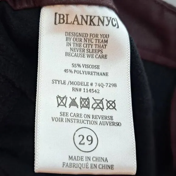 Blank NYC Women's Burgundy Five Pocket Vegan Leather Pants In Going Downtown siz