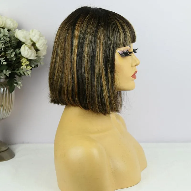 Blonde Highlighted Baby Bangs Bob Wig