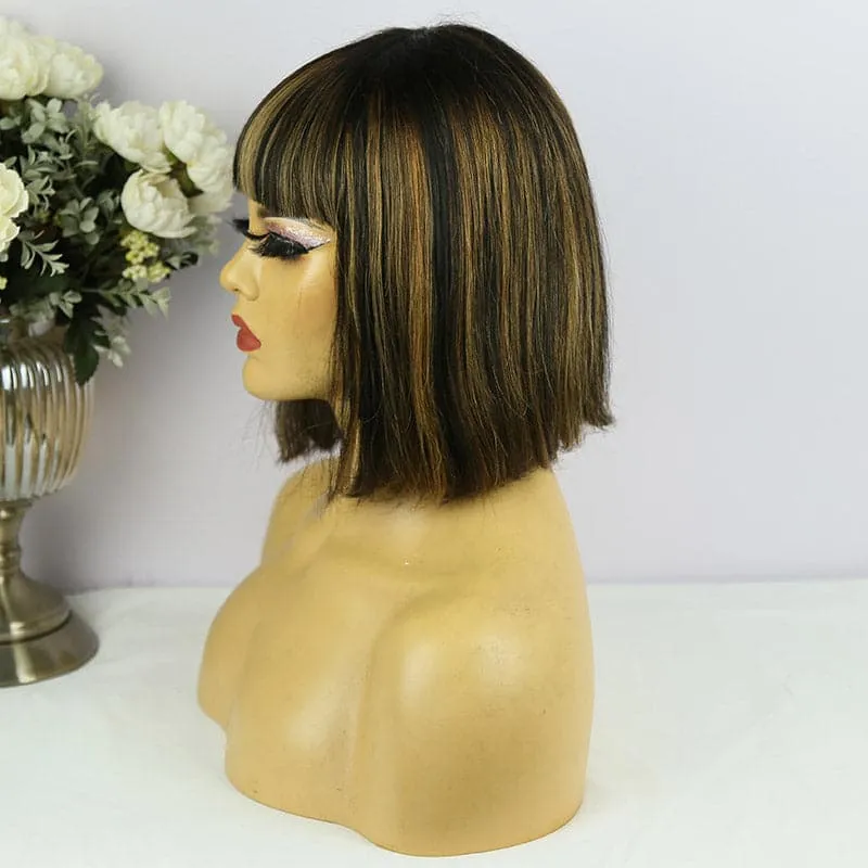 Blonde Highlighted Baby Bangs Bob Wig