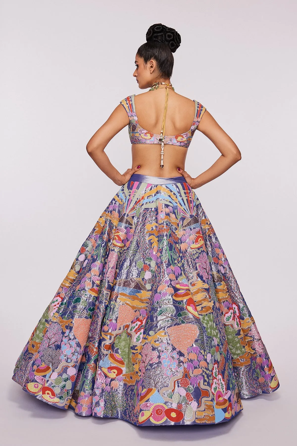 Blue Divergence Tissue Appliquéd And Embellished Lehenga With Blouse And Cutwork Tissue Dupatta