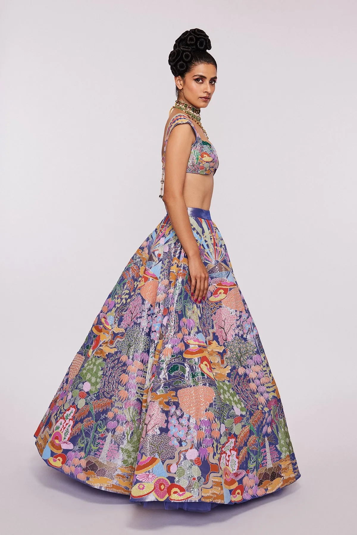 Blue Divergence Tissue Appliquéd And Embellished Lehenga With Blouse And Cutwork Tissue Dupatta