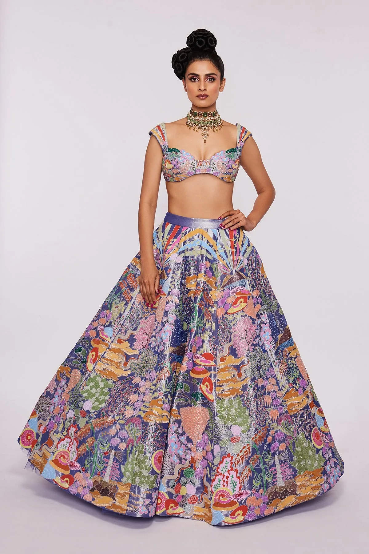 Blue Divergence Tissue Appliquéd And Embellished Lehenga With Blouse And Cutwork Tissue Dupatta