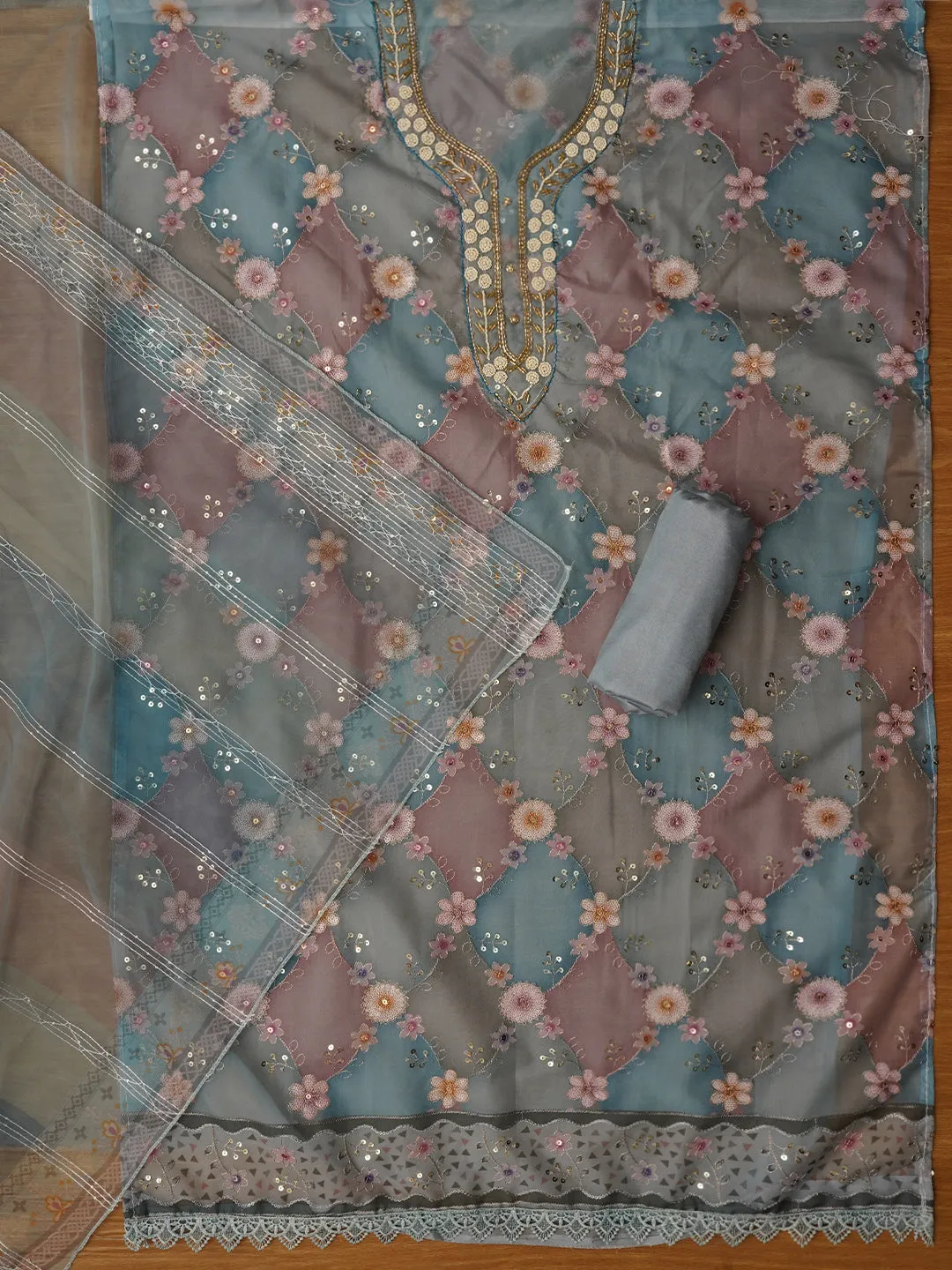 Blue Sequin Embellished Organza Dress Material with Dupatta