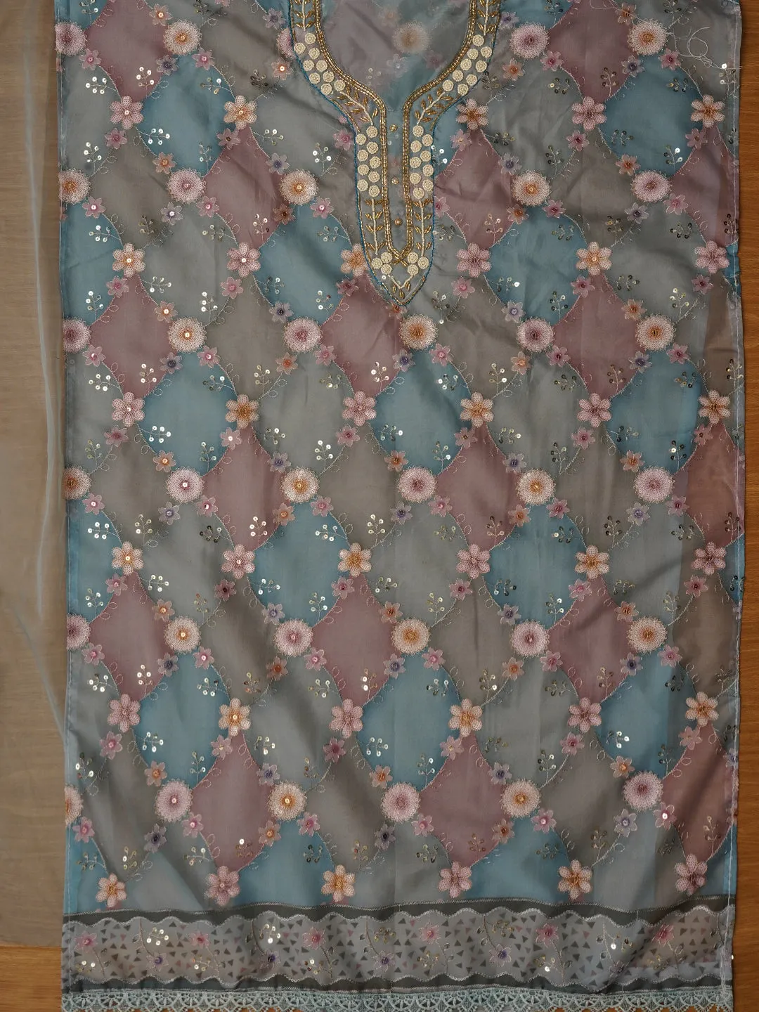 Blue Sequin Embellished Organza Dress Material with Dupatta