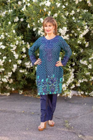 Blue Silk Salwar Kameez Suit with Net Embroidering