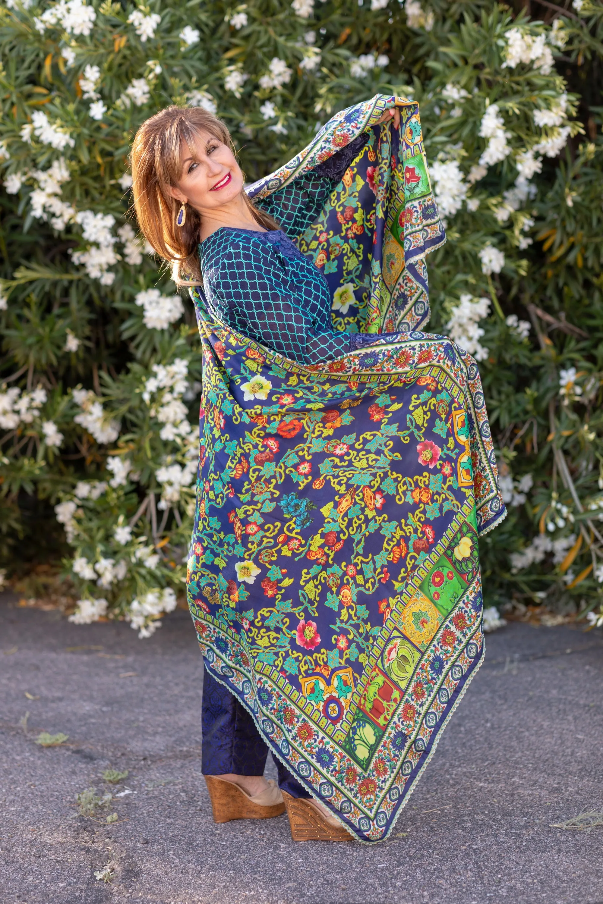 Blue Silk Salwar Kameez Suit with Net Embroidering