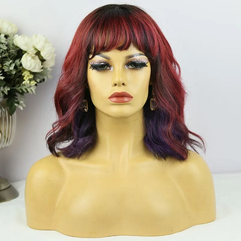 Body Wave Bob Wig with Bang Scalp Top No Lace Full Machine Made Human Hair Wig