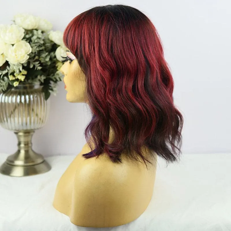 Body Wave Bob Wig with Bang Scalp Top No Lace Full Machine Made Human Hair Wig
