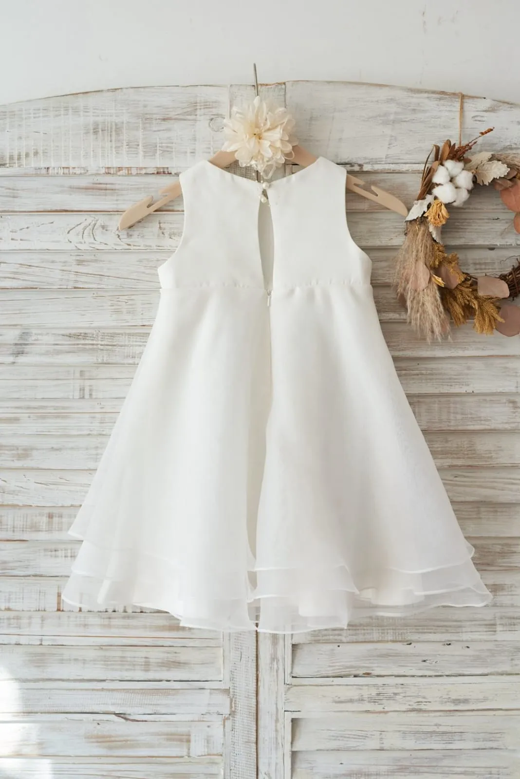 Boho Beach Ivory Satin Organza Wedding Flower Girl Dress, Bow