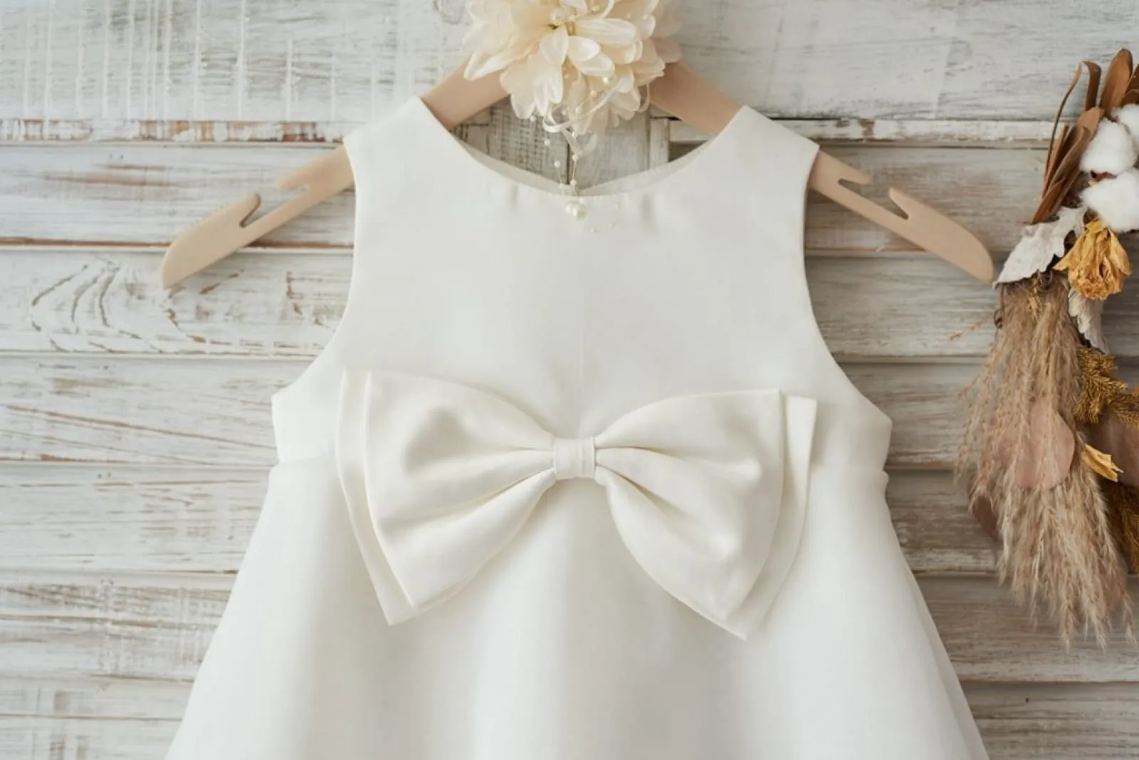 Boho Beach Ivory Satin Organza Wedding Flower Girl Dress, Bow