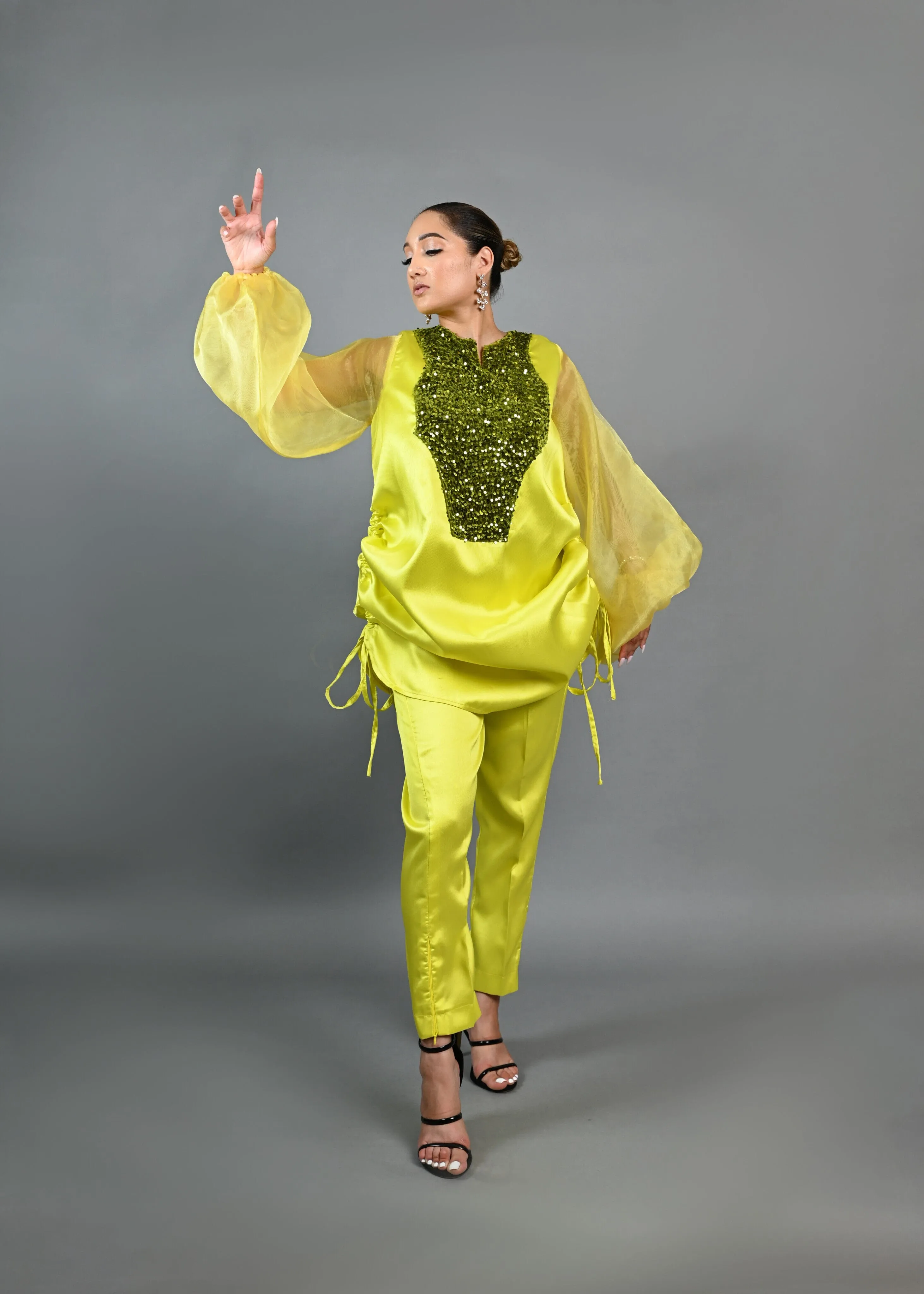 Boss Tunic Top and Pant set with sequin and bubble sleeves (Neon)