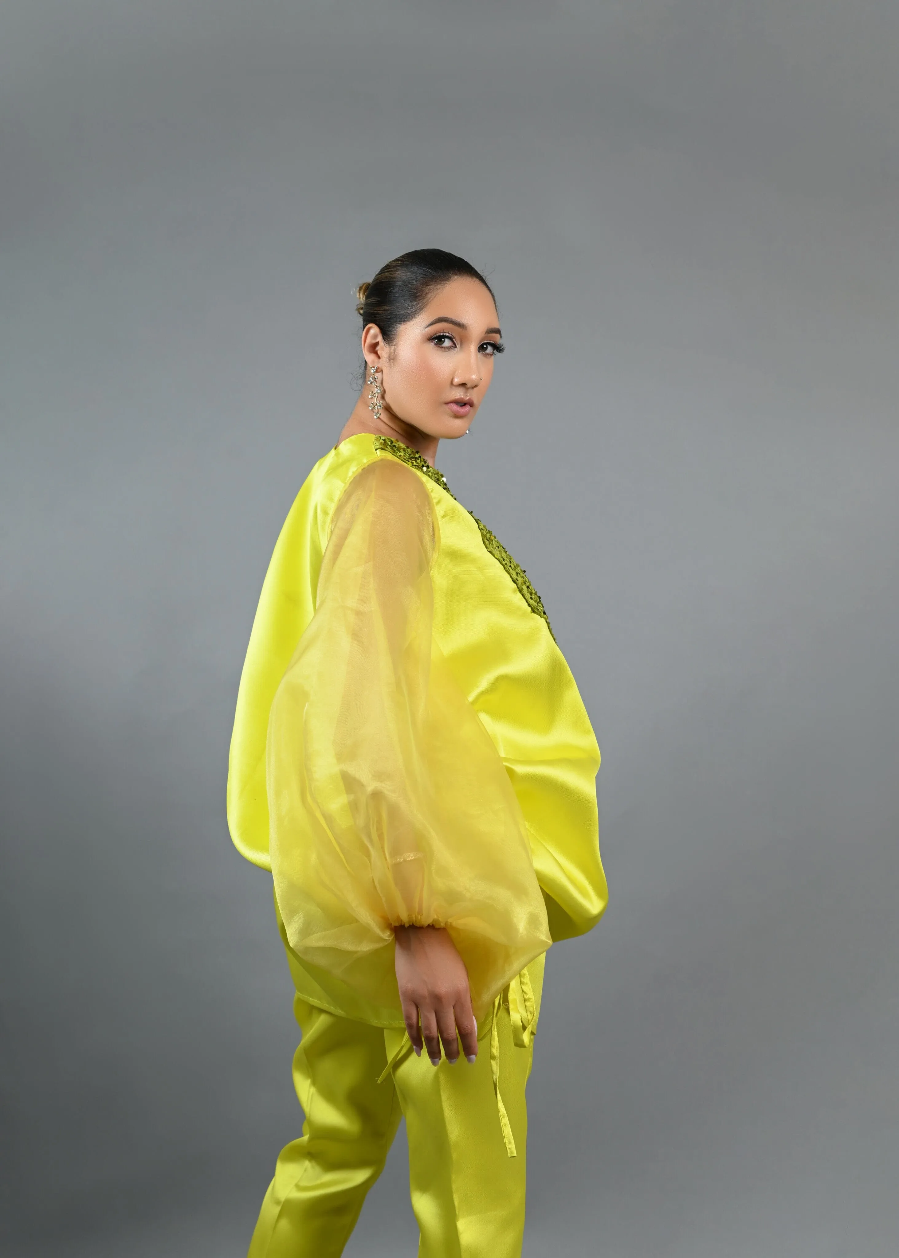 Boss Tunic Top and Pant set with sequin and bubble sleeves (Neon)