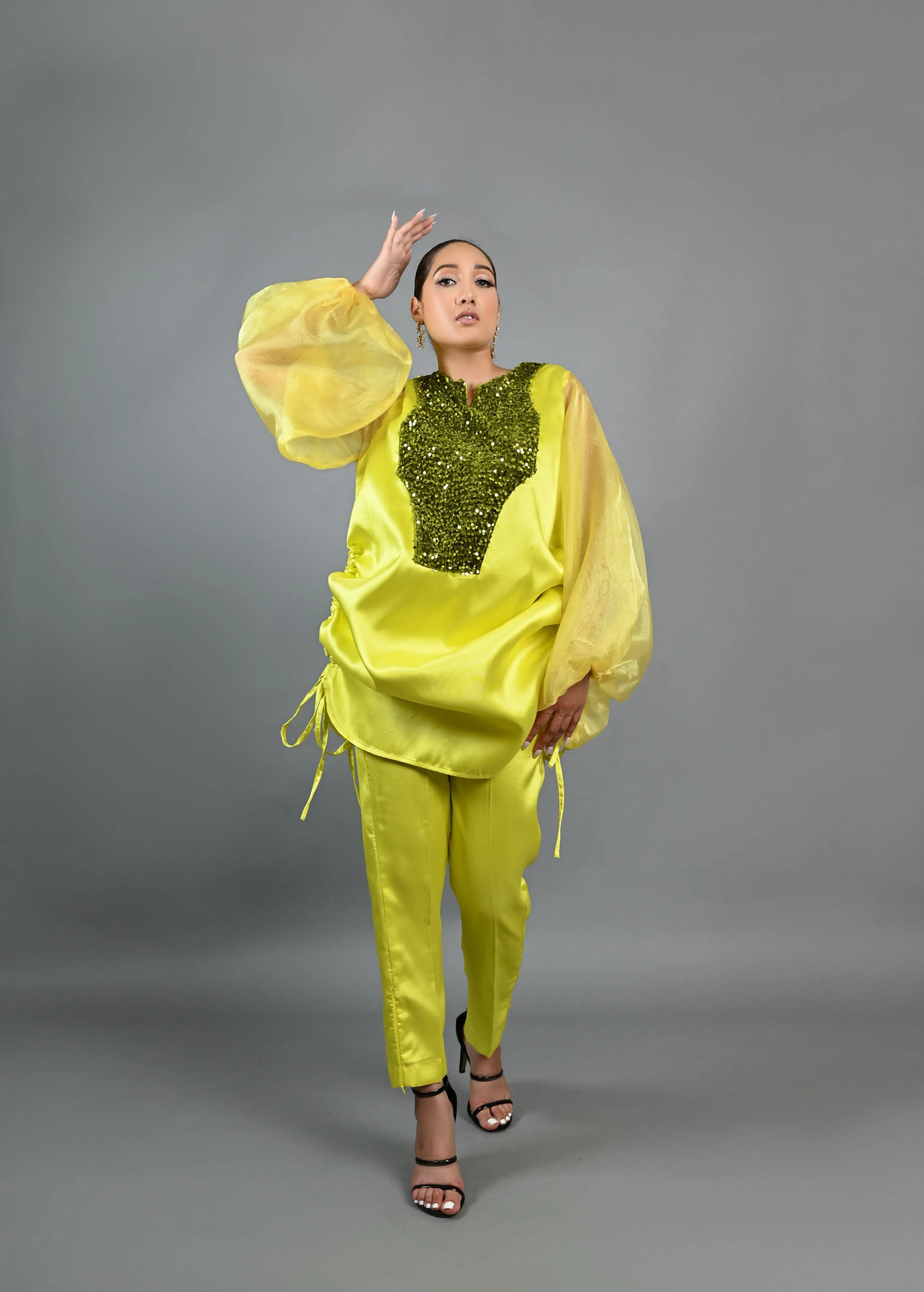Boss Tunic Top and Pant set with sequin and bubble sleeves (Neon)