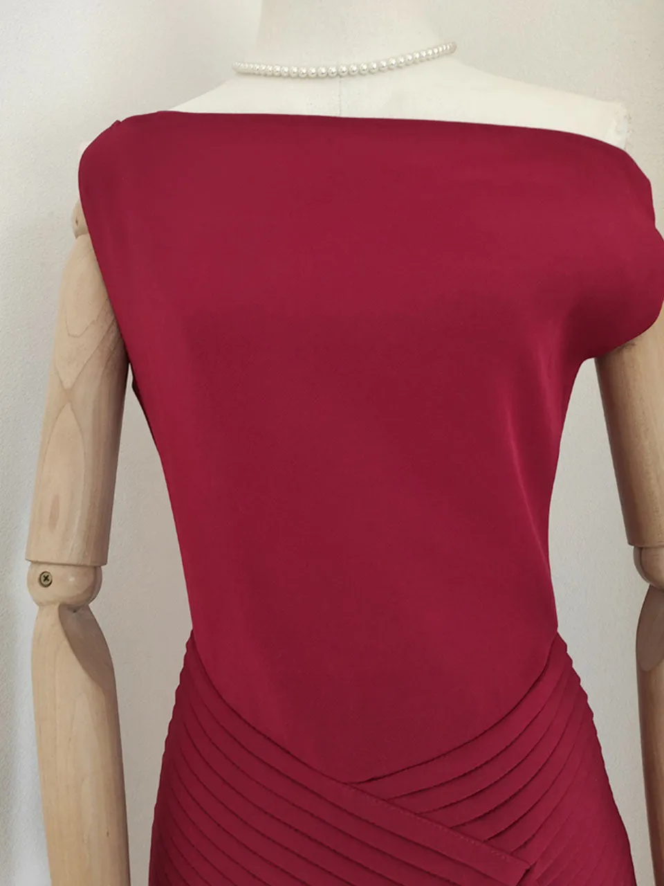 Burgundy Pleated Off-shoulder Maxi Dress