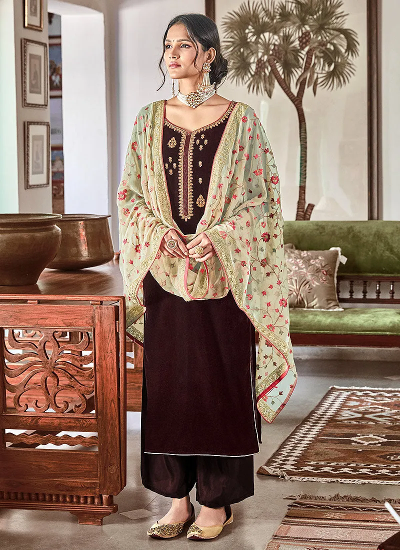 Burgundy Velvet Embroidered Palazzo Suit