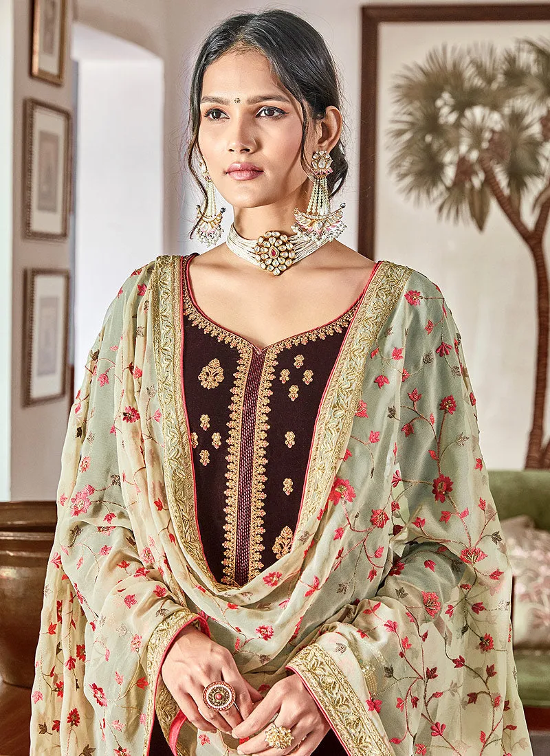 Burgundy Velvet Embroidered Palazzo Suit
