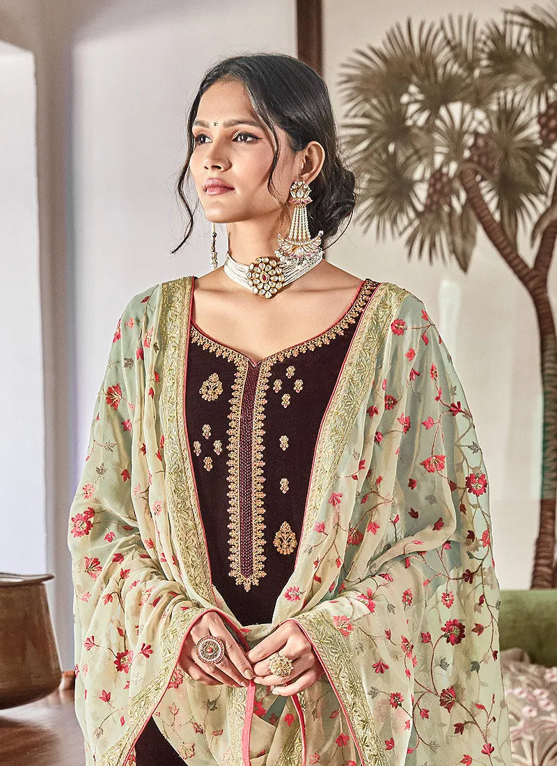 Burgundy Velvet Embroidered Palazzo Suit