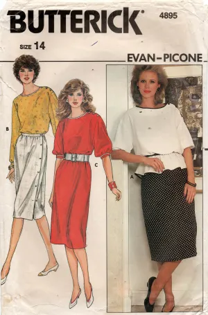 Butterick 4895 EVAN-PICONE Womens Shoulder Buttoned Dress Peplum Top & Side Buttoned Skirt 1980s Vintage Sewing Pattern Size 14 Bust 36 inches