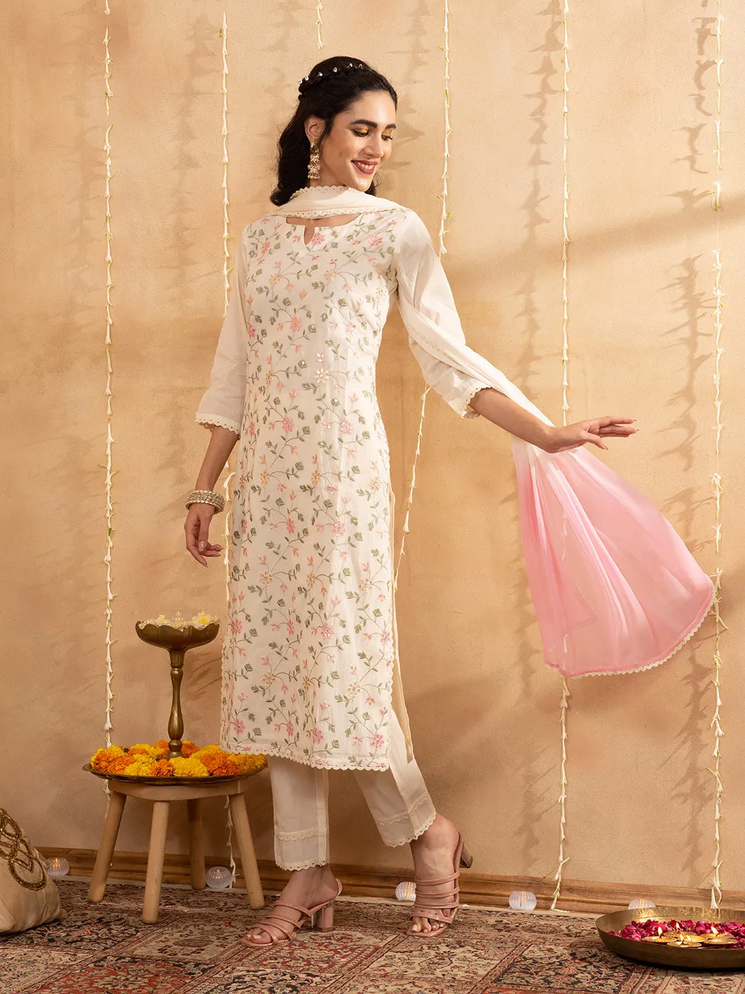 Buy Cream Comfort Fit Cotton Suit Set for Women Online - Zola