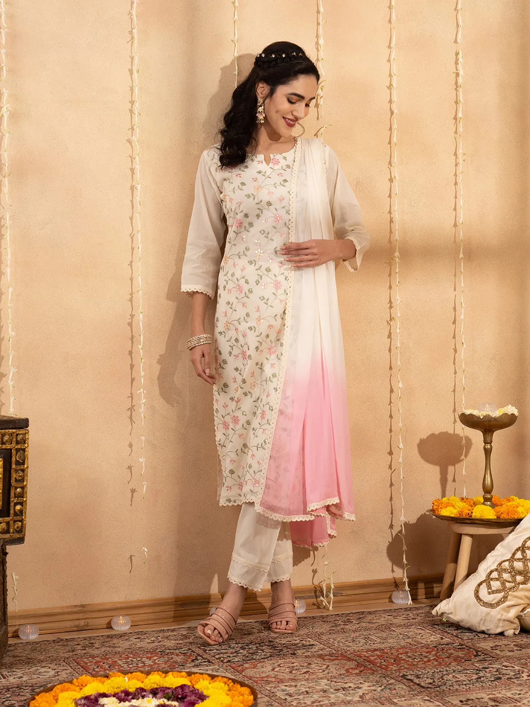 Buy Cream Comfort Fit Cotton Suit Set for Women Online - Zola