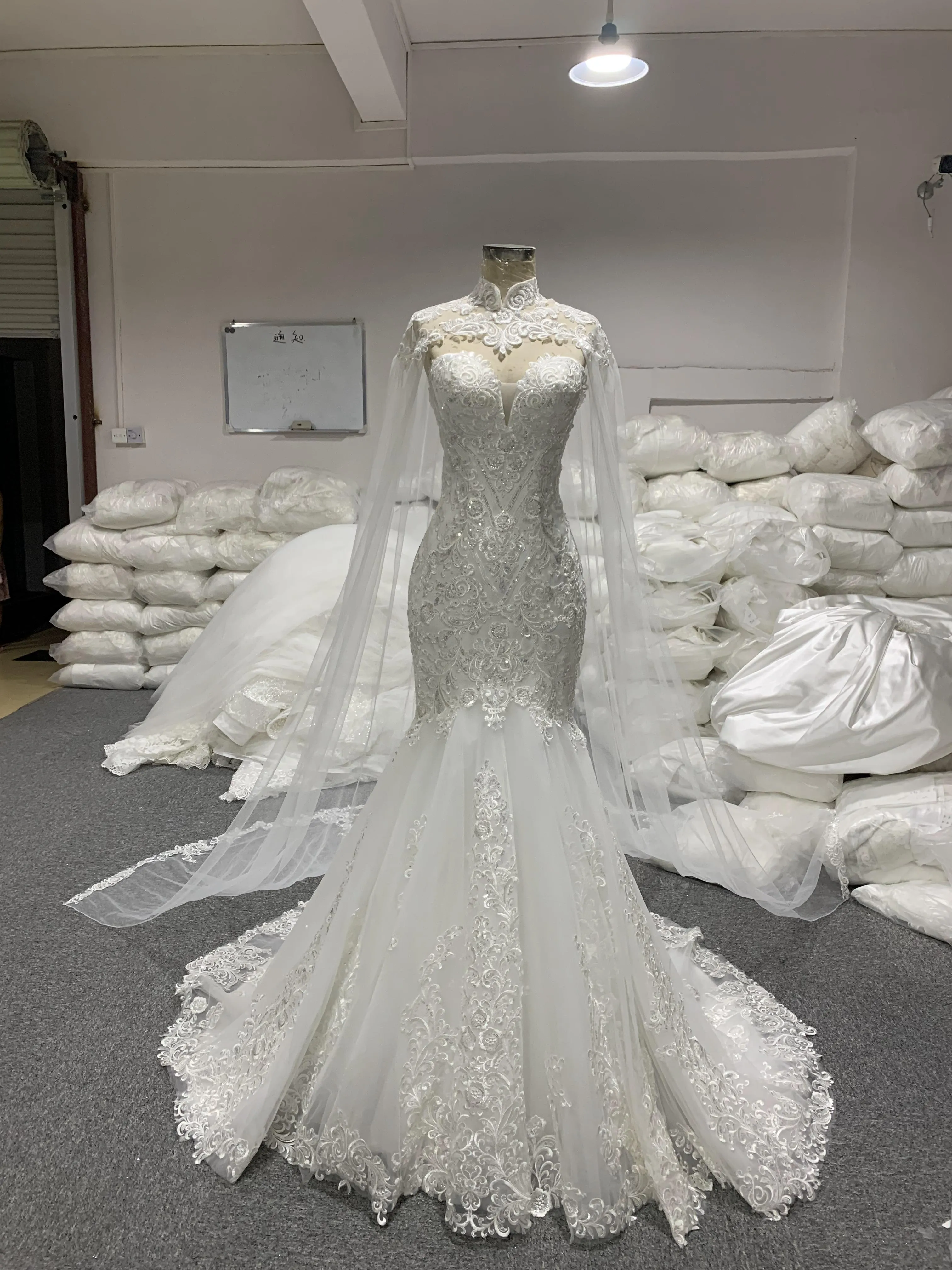 BYG new style strapless lace mermaid dress with shawl
