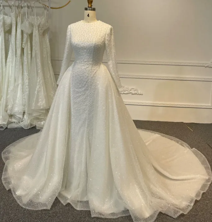BYG24-12 BEADED COVERED UP MUSLIM WEDDING DRESS WITH DETACHABLE TRAIN