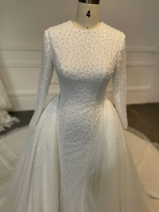 BYG24-12 BEADED COVERED UP MUSLIM WEDDING DRESS WITH DETACHABLE TRAIN