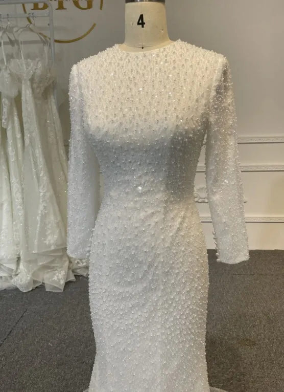 BYG24-12 BEADED COVERED UP MUSLIM WEDDING DRESS WITH DETACHABLE TRAIN