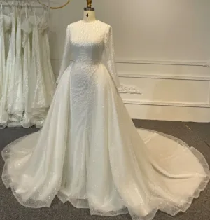 BYG24-12 BEADED COVERED UP MUSLIM WEDDING DRESS WITH DETACHABLE TRAIN