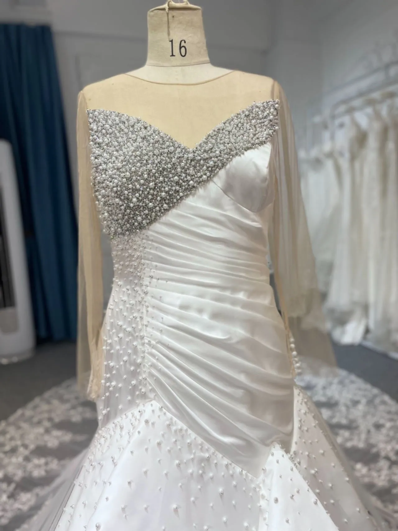 BYGM230706A Long Sleeve Luxurious Pearl Wedding Dress Mermaid Dress
