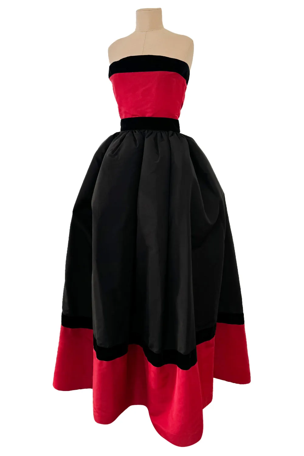 c.1990 Nina Ricci by Gerard Pipart Haute Couture Strapless Red & Black Silk Dress