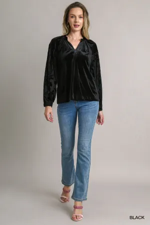 Camilla Solid Velvet Top with Burnout Velvet Contrast Sleeves