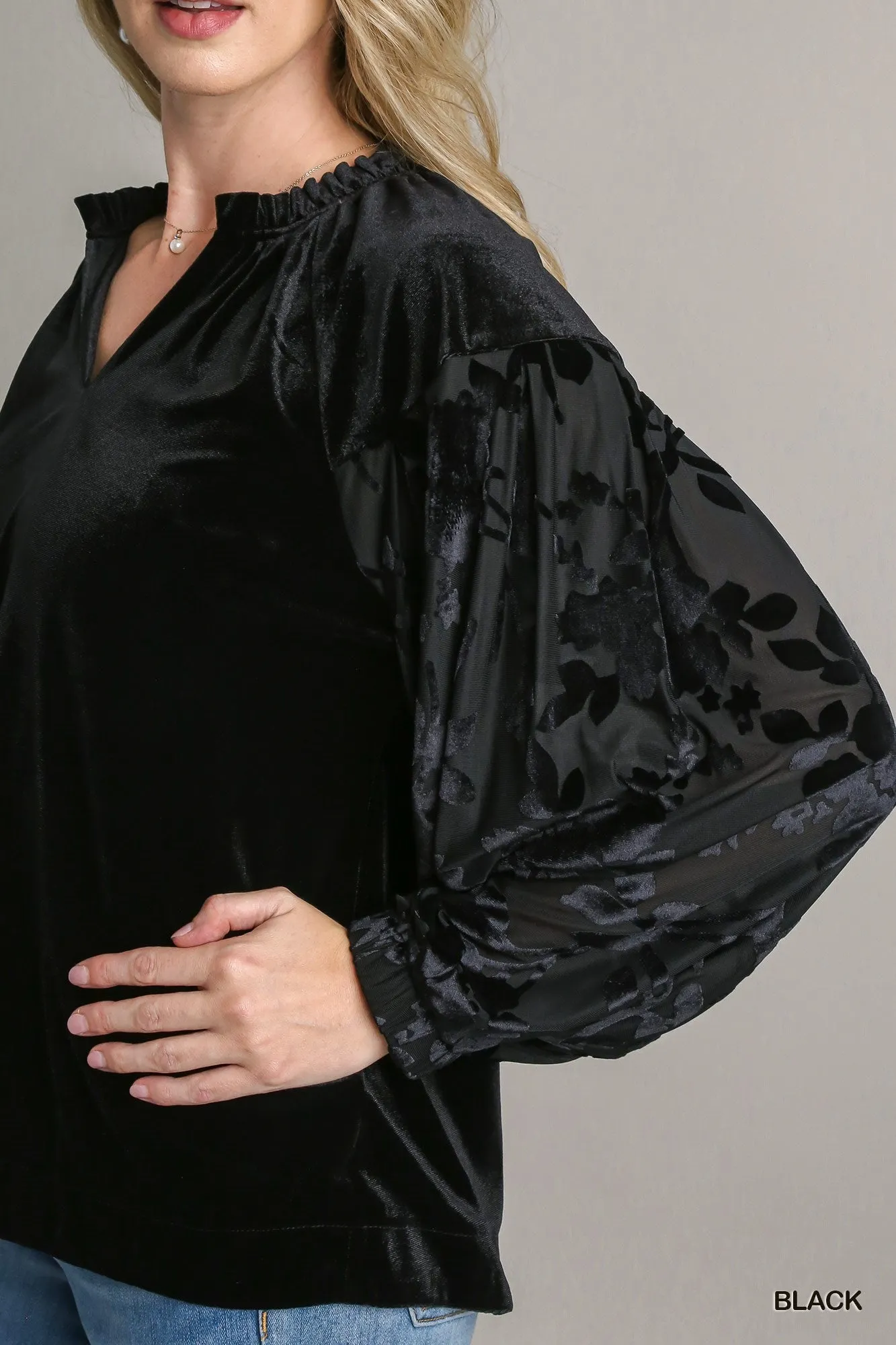 Camilla Solid Velvet Top with Burnout Velvet Contrast Sleeves