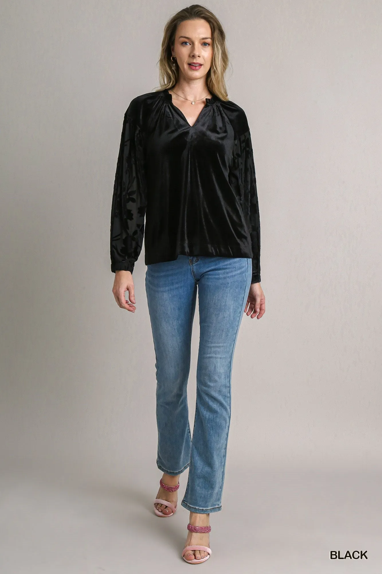 Camilla Solid Velvet Top with Burnout Velvet Contrast Sleeves