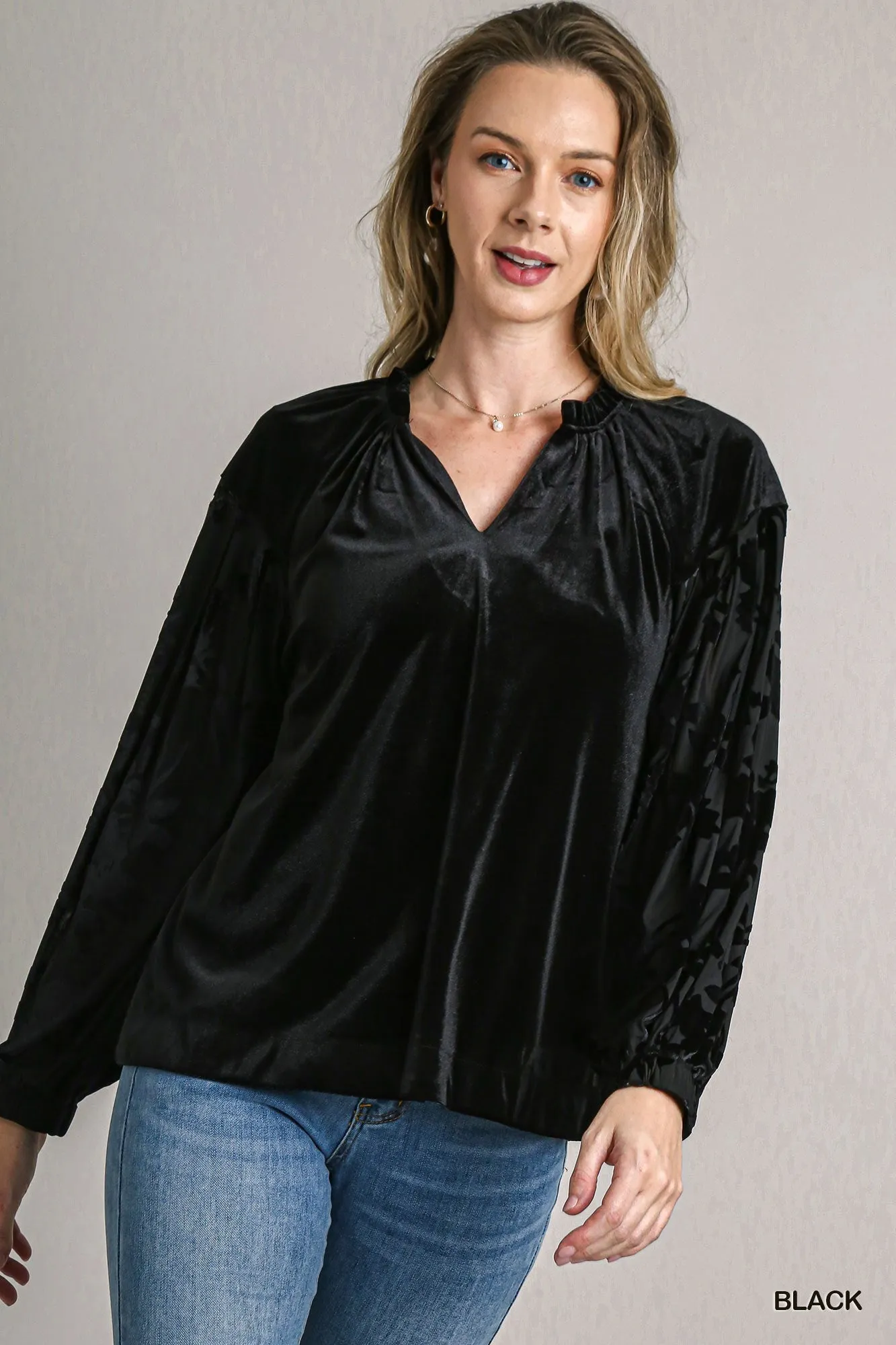 Camilla Solid Velvet Top with Burnout Velvet Contrast Sleeves