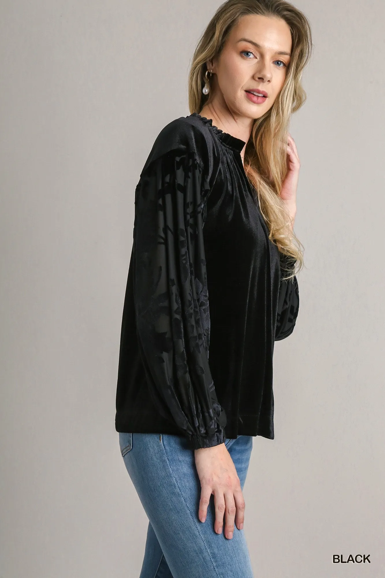 Camilla Solid Velvet Top with Burnout Velvet Contrast Sleeves