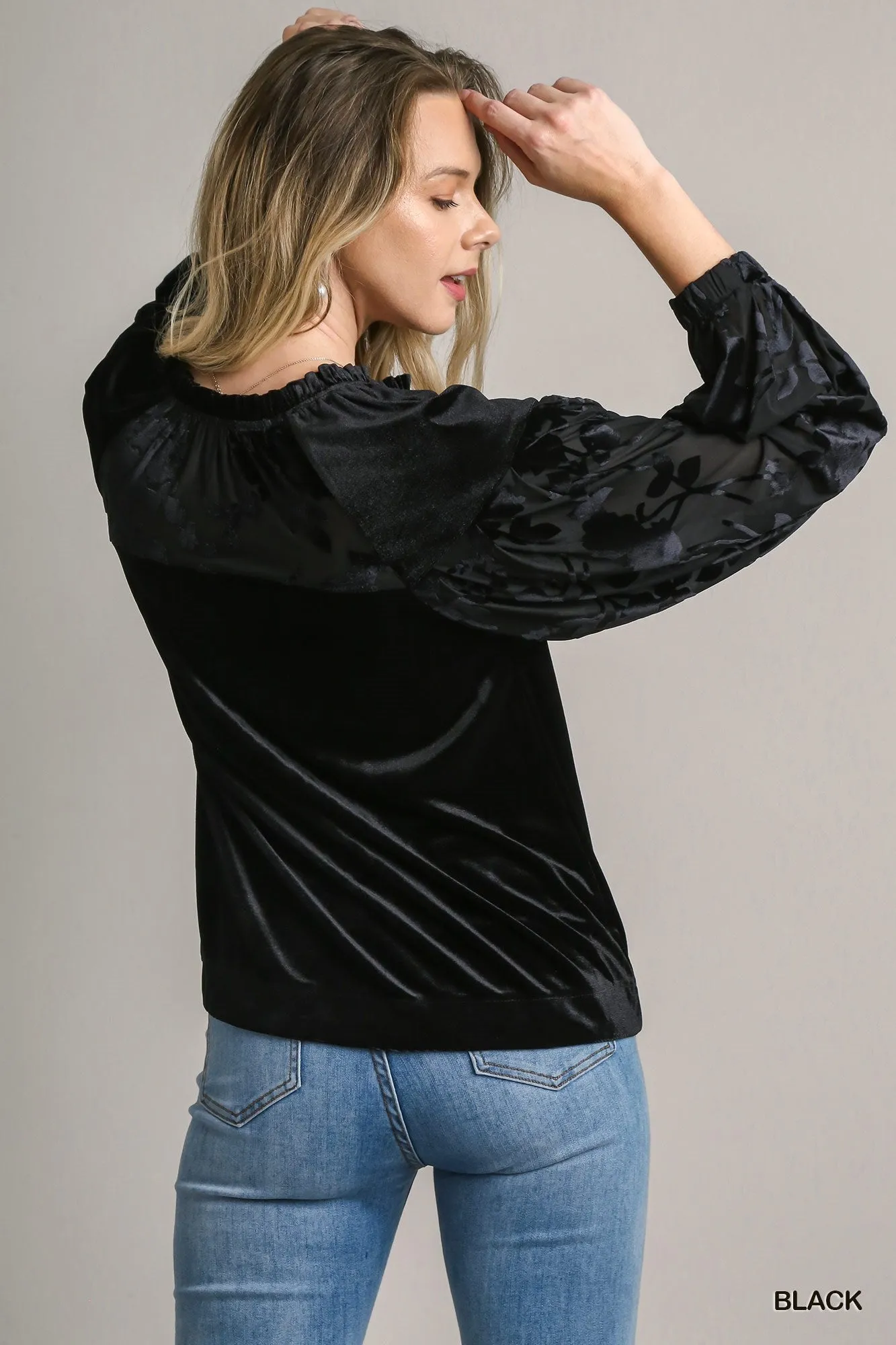 Camilla Solid Velvet Top with Burnout Velvet Contrast Sleeves