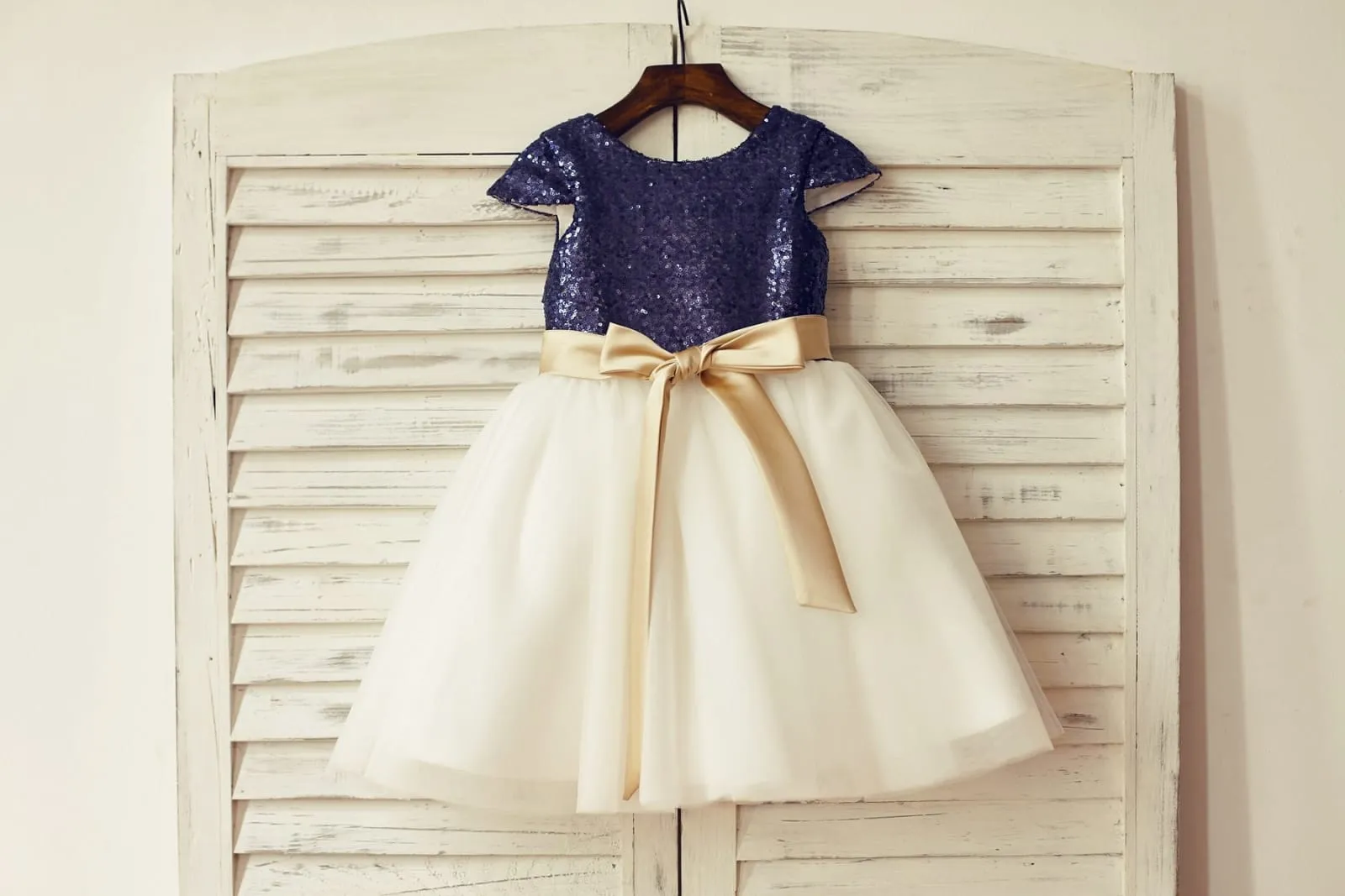 Cap Sleeves Blush/Gold/Champagne/Navy Sequin Ivory Tulle Flower Girl Dress