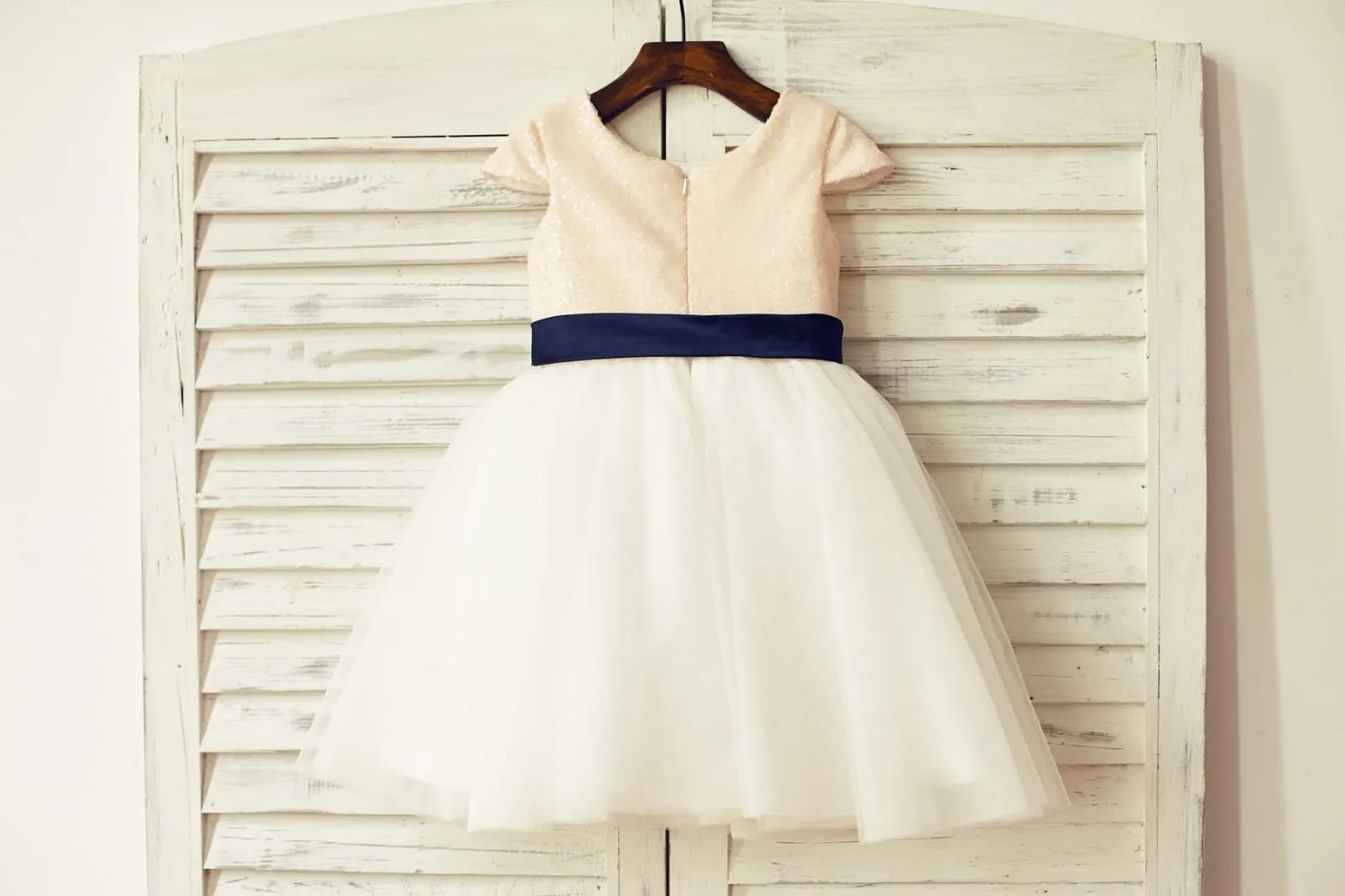 Cap Sleeves Blush/Gold/Champagne/Navy Sequin Ivory Tulle Flower Girl Dress